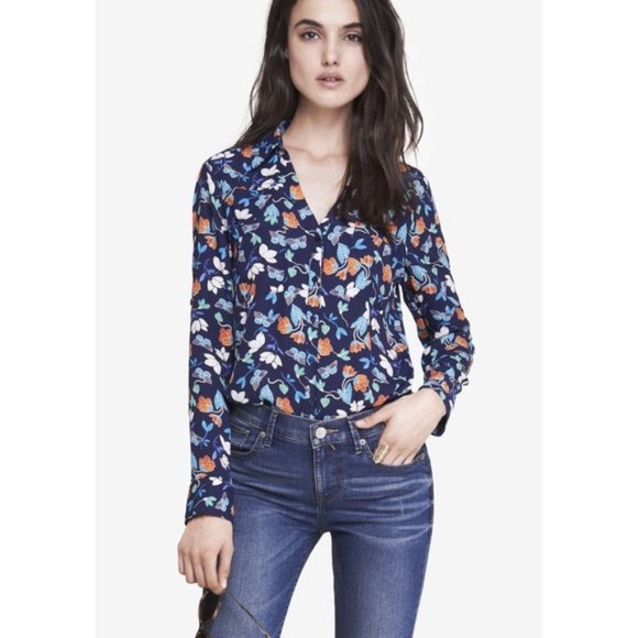 Express Tops - Express Top XS Portofino Print Tab Sleeve Blue Floral Butterfly